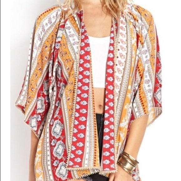 Forever 21 Boho Open Front Lightweight Red Tan Cardigan Cover Up Size Small - Picture 1 of 8